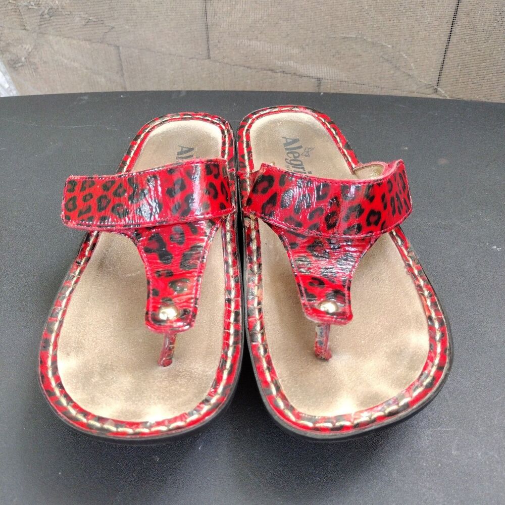 Alegria Leopard Cheetah Print Red Leather Sandals Womens Size EU 37 US 7/7.5